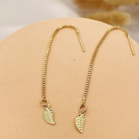 NEW GOLDEN LEAF THREADER CHAIN DANGLE EARRINGS - Picture 1 of 11